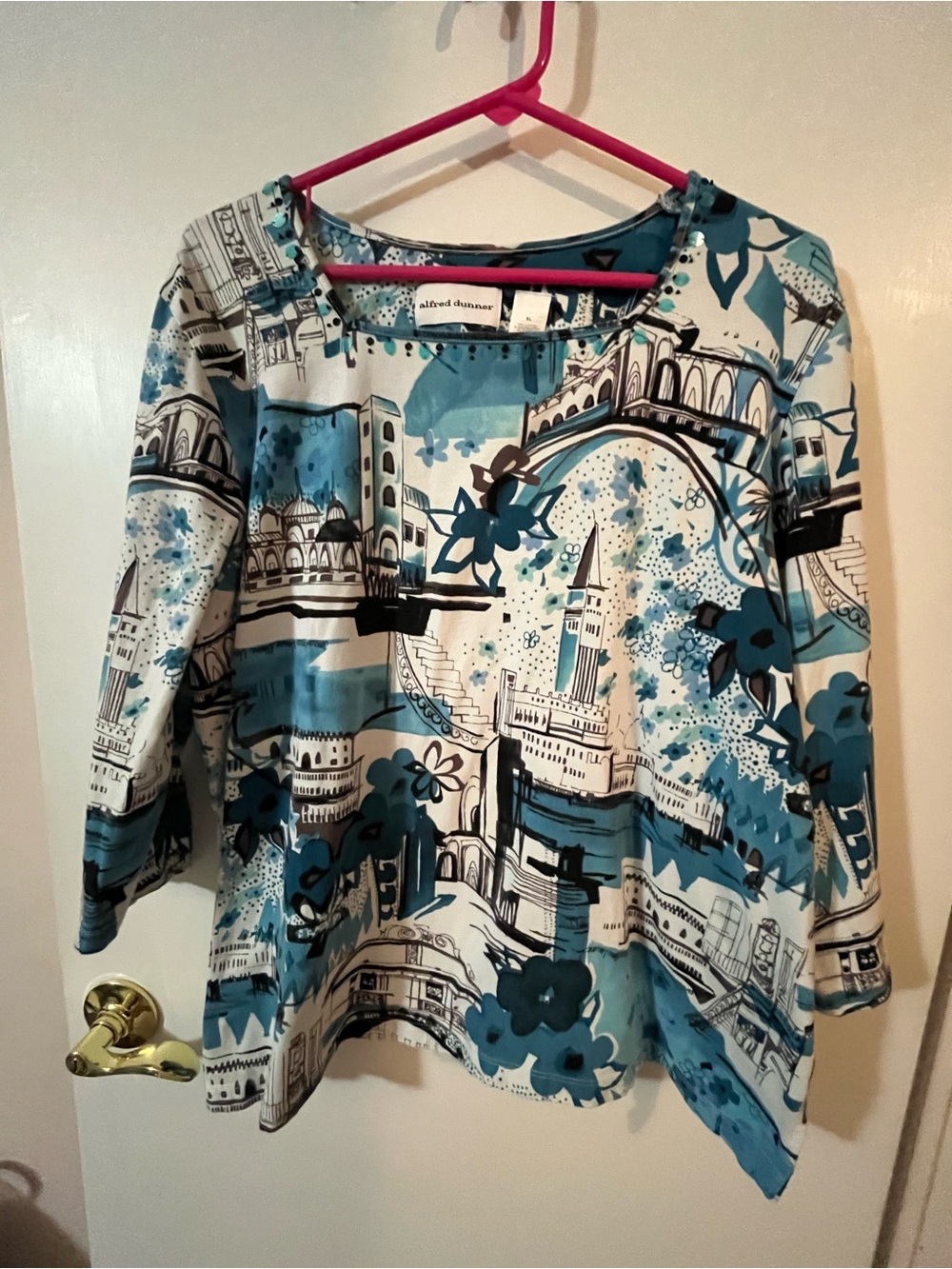 Alfred Dunner XL Teal and White Scenic Floral cityscape Tunic